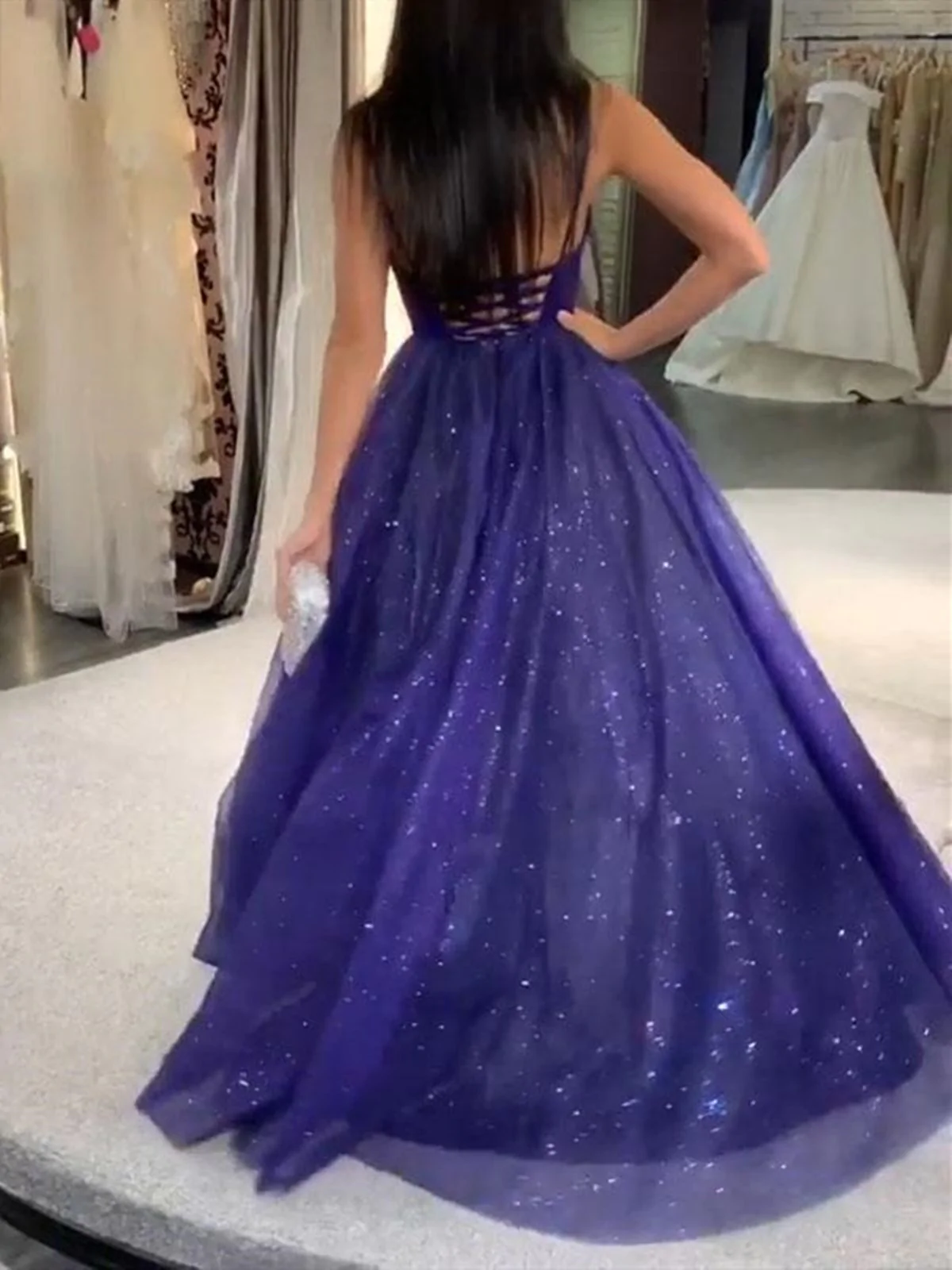 Shiny V Neck Blue Long Prom Dresses, Bling Bling Blue Long Formal Evening Dresses  gh2170