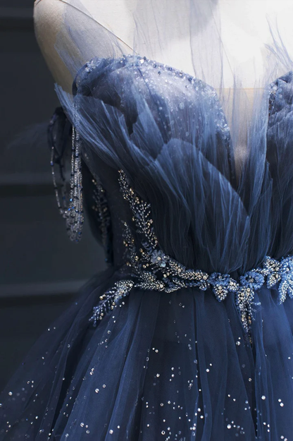 Blue gorgeous tulle beaded long A-line ball gown evening dress gh2105