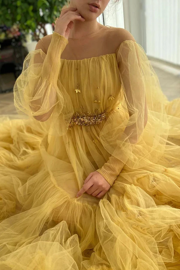 Yellow pretty fairy elegant exquisite beading A-line long sleeve long tulle ball gown evening dress gh2234