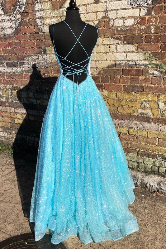 Blue Shiny A-line Long Formal Dress with Lace Up Back gh2161