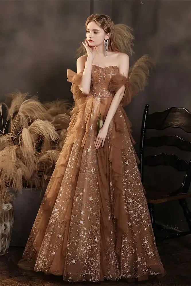 Elegant Champagne Sweetheart Shiny Sequin Ruffle Design A-Line Chiffon Tulle Evening Dress Prom Dress TP4125