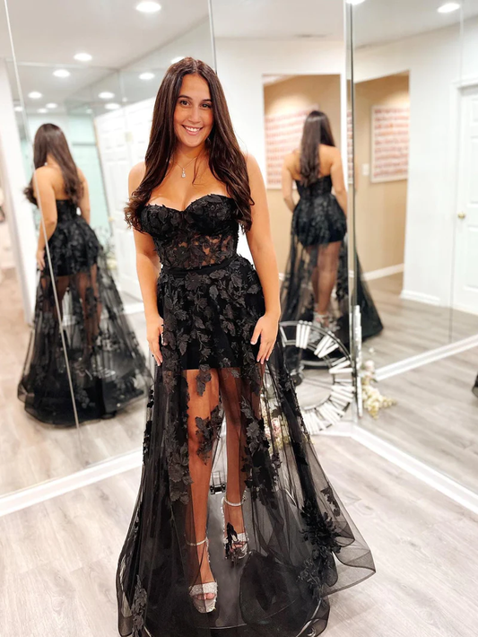 A Line Strapless Tulle Lace Prom Dress gh2682