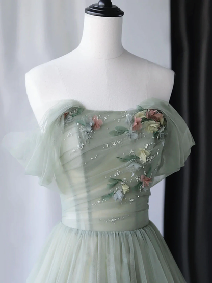 Green beautiful charming floral applique tulle long formal prom dress, evening dress, party dress gh2530
