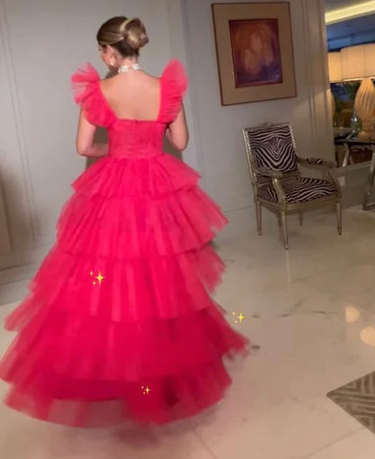 Vintage Hot Pink A-Line Prom Dress Long Sweetheart Evening Dress Chiffon Tiered Formal Dress TP4579
