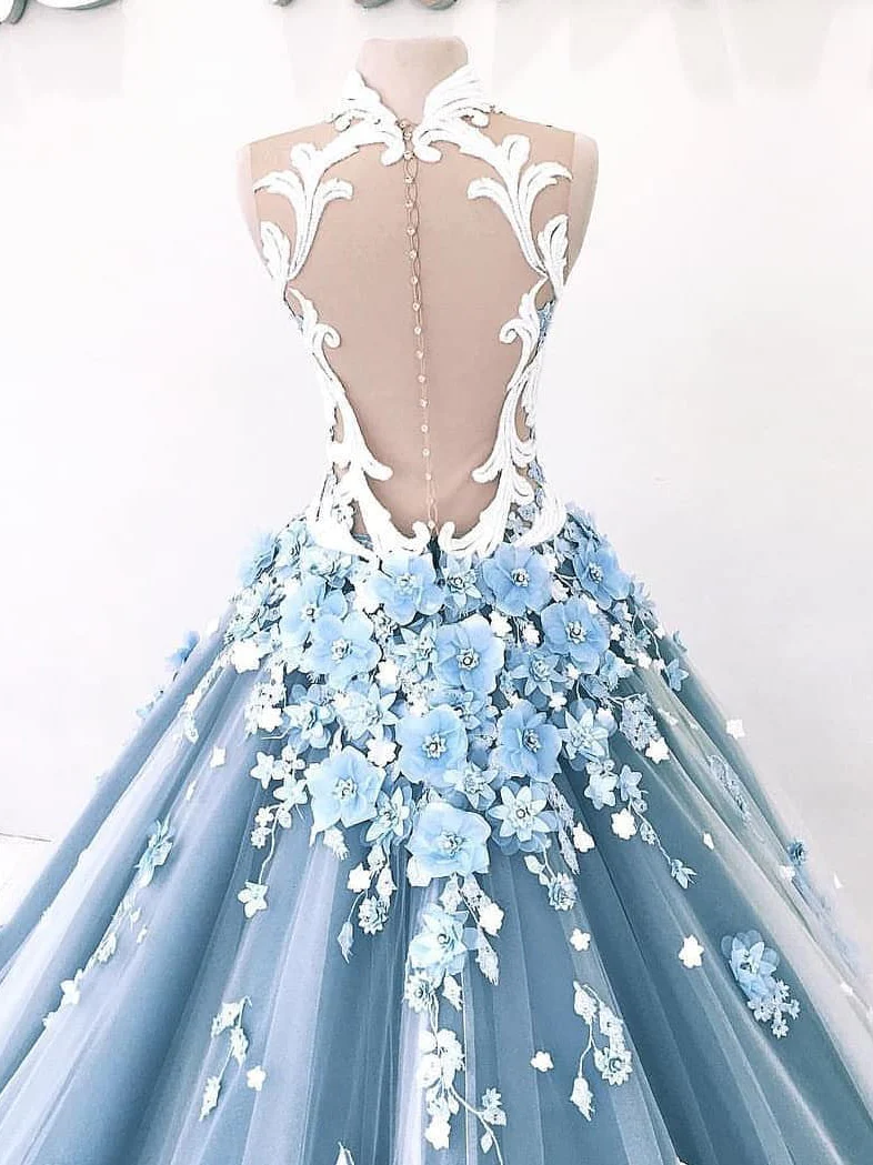 Vintage Ball Gown Prom Dress Tulle High Neck Customed Prom Dress