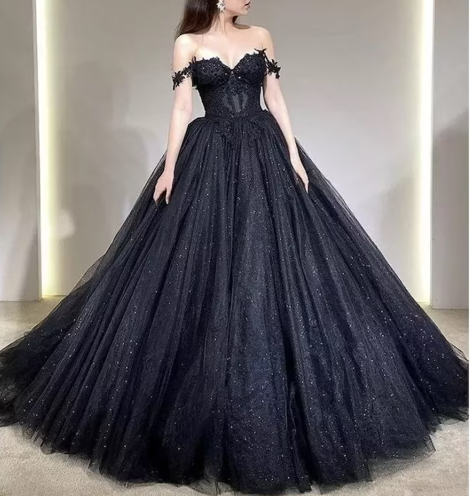 Lace Applique Tulle Dress Black Glitter Wedding Dress 3D Flowers Long Evening Gown