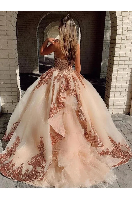 Champagne Tulle Rosewood Appliques Sweetheart Neckline Sweetheart Ball Gown Quinceanera Dresses Prom Dresses
