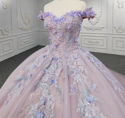 Sweetheart Off The Shoulder Beaded Floral Appliqué Quinceañera Ball Gown