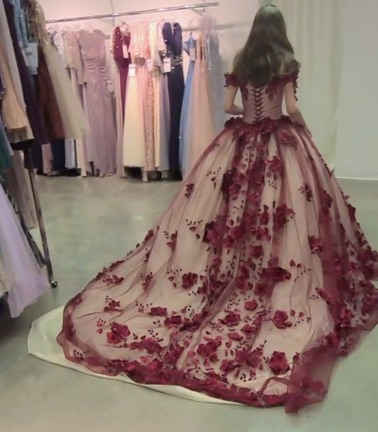 Wine Red Quince Gown with train Charming Prom Dress Ball Gown Evening Dress