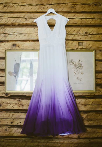 V neck Ombre Formal Prom Dress A Line Wedding Dress Party Gown