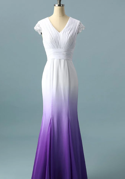 V neck Ombre Formal Prom Dress A Line Wedding Dress Party Gown