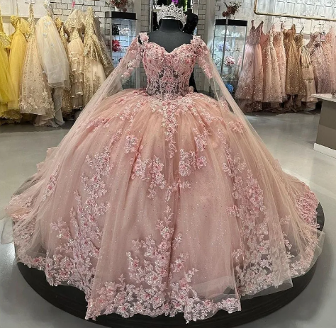 Pink Ball Gown Quinceanera Dresses with Cape 15 Party 3D Flower Princess Dresses with Lace