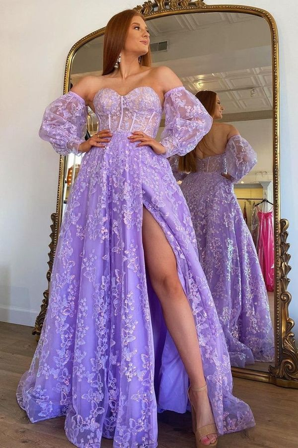 Sparkle Princess Lavender Bustier Puffy Sleeves Lace Long Prom Gown