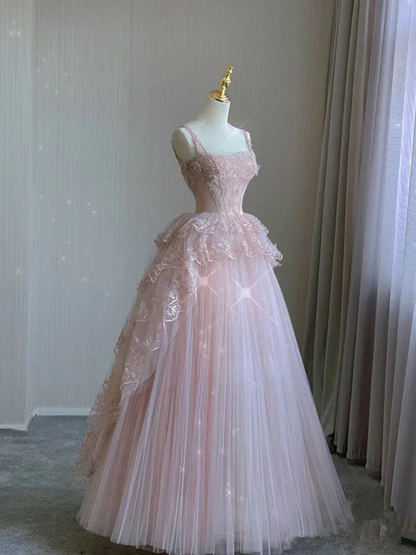 Modest Ball Gown Straps Pink Tulle Prom Dresses 22th Birthday Outfit
