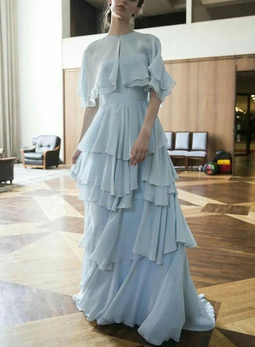 girlhomeshops-Blue cape-style gown with flowing chiffon ruffles, long prom dress gh5753