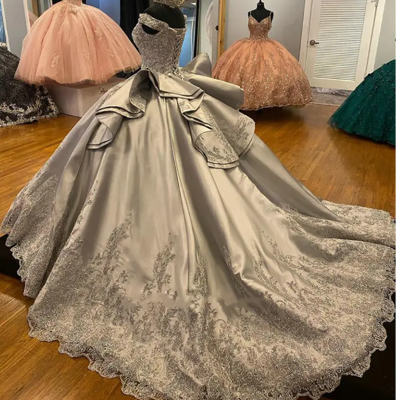 Silver Off Shoulder Ruffled Back Ball Gown Prom Dress Appliqué Beads Sweet 16th Dress