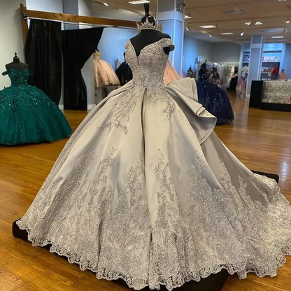 Silver Off Shoulder Ruffled Back Ball Gown Prom Dress Appliqué Beads Sweet 16th Dress