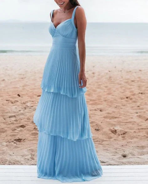 Vintage Blue Sweetheart Pleated A-Line Tiered Long Prom Dress Party Dress Evening Dress TP4401