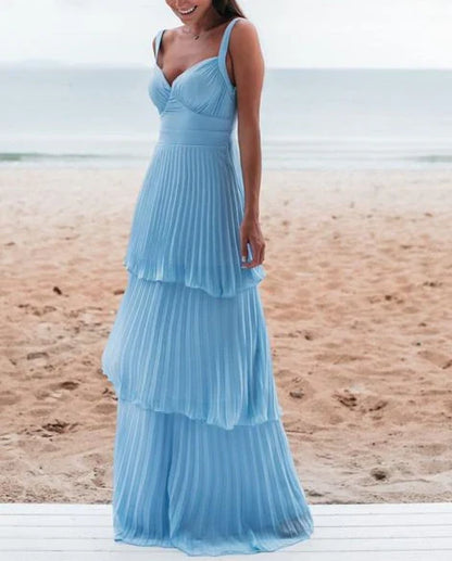 Vintage Blue Sweetheart Pleated A-Line Tiered Long Prom Dress Party Dress Evening Dress TP4401
