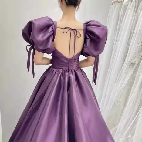 Satin Purple Puffy Sleeves Corset Prom Dress Pageant Party Dress Gala Sweet 16 Quinceanera Gown
