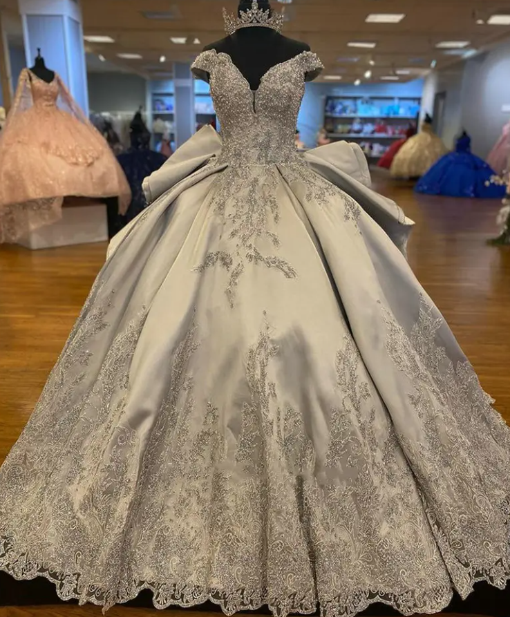 Silver Off Shoulder Ruffled Back Ball Gown Prom Dress Appliqué Beads Sweet 16th Dress