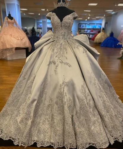 Silver Off Shoulder Ruffled Back Ball Gown Prom Dress Appliqué Beads Sweet 16th Dress