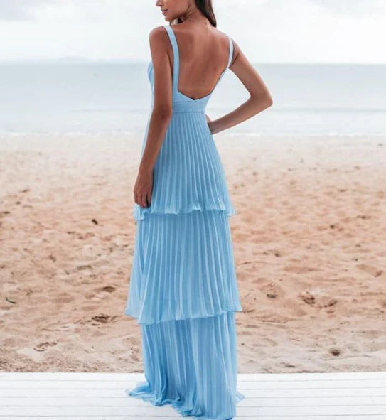 Vintage Blue Sweetheart Pleated A-Line Tiered Long Prom Dress Party Dress Evening Dress TP4401