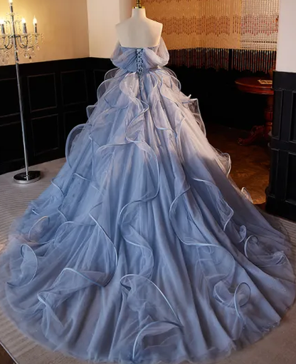 Fashion Sky Blue Ruffle Prom Dresses Ball Gown Sleeveless Prom Formal Dresses