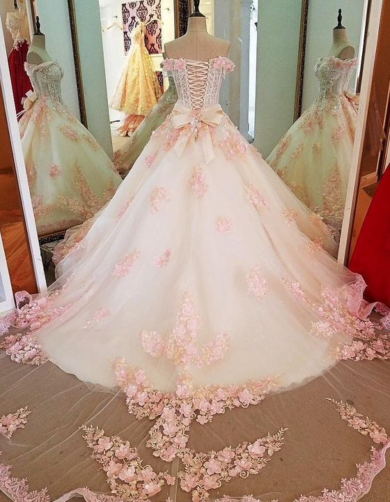 Sweet 16 Dresses Pink Lace Floral Prom Dresses Ball Gown Off The Shoulder Elegant Beaded Luxury Prom Gown