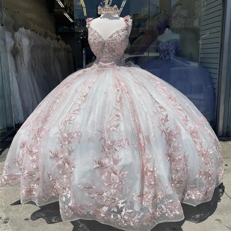 Pink Sexy V Neck Shiny Quinceanera Dresses Beading 3DFlower Ball Gown Sleeveless Tulle Sweet Princess Vestidos De 15 Girls