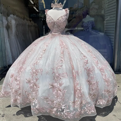 Pink Sexy V Neck Shiny Quinceanera Dresses Beading 3DFlower Ball Gown Sleeveless Tulle Sweet Princess Vestidos De 15 Girls