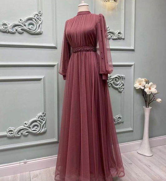 Long Sleeve Prom Dresses A Line Prom Dresses Tulle Evening Dresses Sexy Prom Dresses Evening Gowns With Pearls