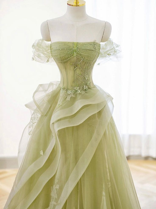 A-Line Off Shoulder Tulle Lace Long Prom Dress, Long Graduation Dress gh2730