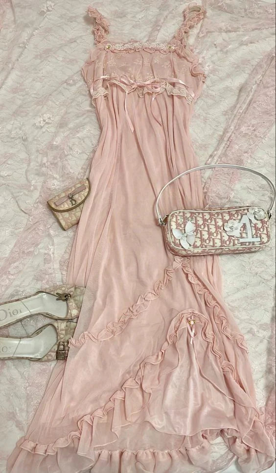 Pink Sweet Elegant Cute Lace Strap Ruffle A-Line Long  chiffon prom dress Evening Dress gh2937