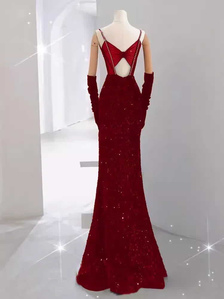 Girlhomeshops-Burgundy Shiny Elegant Long Sequined Ball Gown Evening Dress Party Dress gh5027