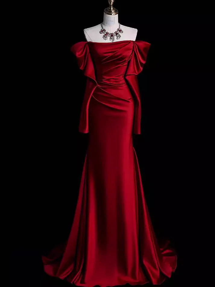 Burgundy Off The Shoulder Mermaid Long Satin Prom Dress Formal Party Evening Gown cc1552