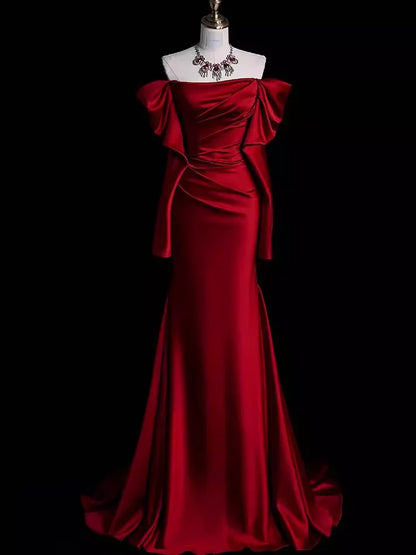 Burgundy Off The Shoulder Mermaid Long Satin Prom Dress Formal Party Evening Gown cc1552