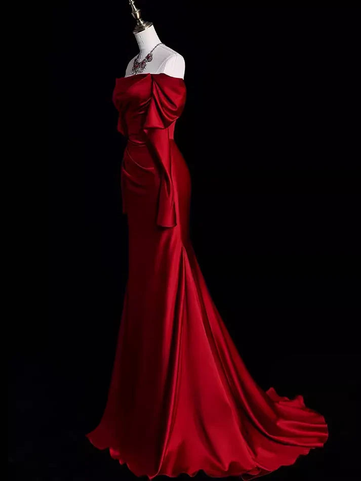 Burgundy Off The Shoulder Mermaid Long Satin Prom Dress Formal Party Evening Gown cc1552
