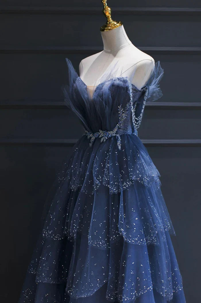 Blue gorgeous tulle beaded long A-line ball gown evening dress gh2105