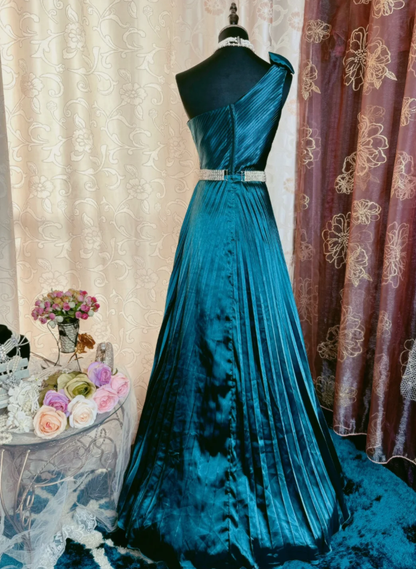 Vintage One Shoulder Peacock Blue Satin Pleated Beaded A Line Long Party Dress Prom Gowns SP1950