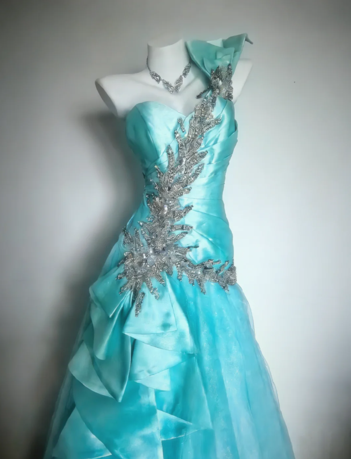 Gorgeous One Shoulder Blue Satin Tulle Beaded Mermaid Long Party Dress Prom Gown SP1594