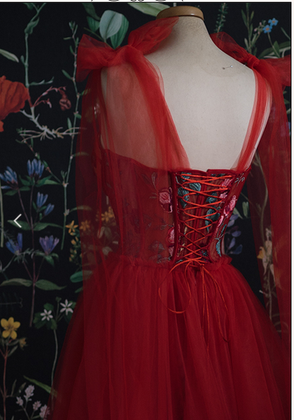 Red Prom Dress Tulle Evening Gowns C1240
