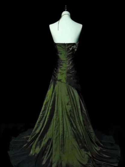 Vintage Brown Strapless Beaded Satin Mermaid Long Wedding Guest Dress Birthday Party Dress Evening Gown