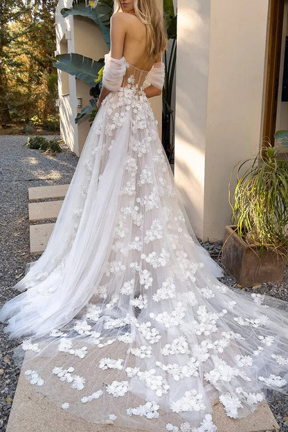 A Line Sweetheart Lace Applique Bohemian Wedding Dress