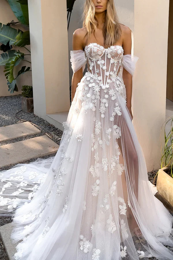 A Line Sweetheart Lace Applique Bohemian Wedding Dress