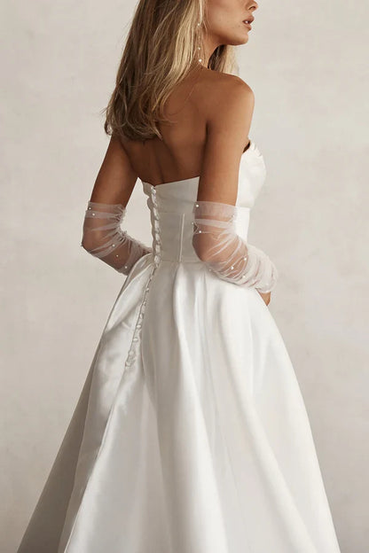 A line sweet satin pleated simple sleeved wedding dress