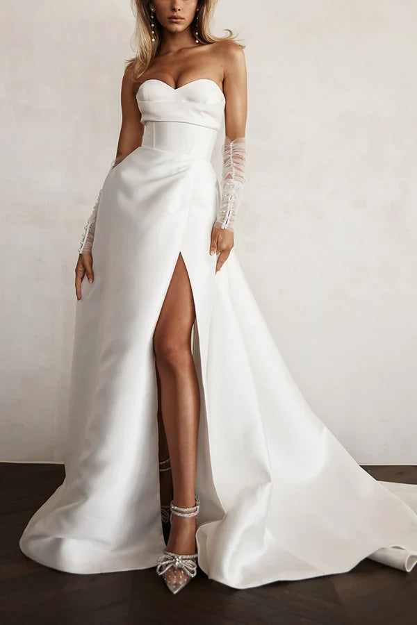 A line sweet satin pleated simple sleeved wedding dress