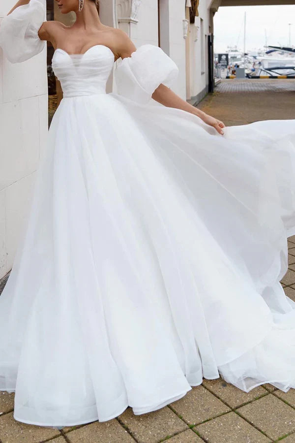 A line Sweetheart White Hall Casual Wedding Dress Minimalist Bride Dress