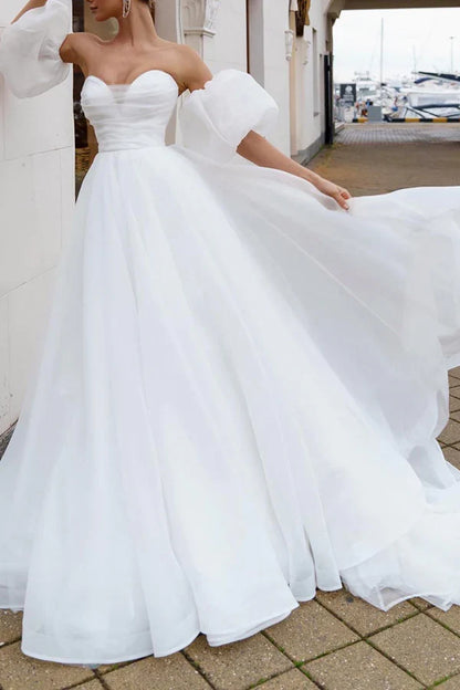 A line Sweetheart White Hall Casual Wedding Dress Minimalist Bride Dress