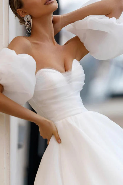 A line Sweetheart White Hall Casual Wedding Dress Minimalist Bride Dress
